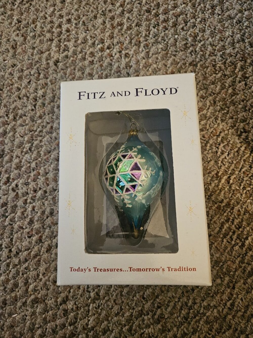 Fitz & Floyd Crystal Winter Teal Teardrop Christmas Ornament Glass In Box 5.5”